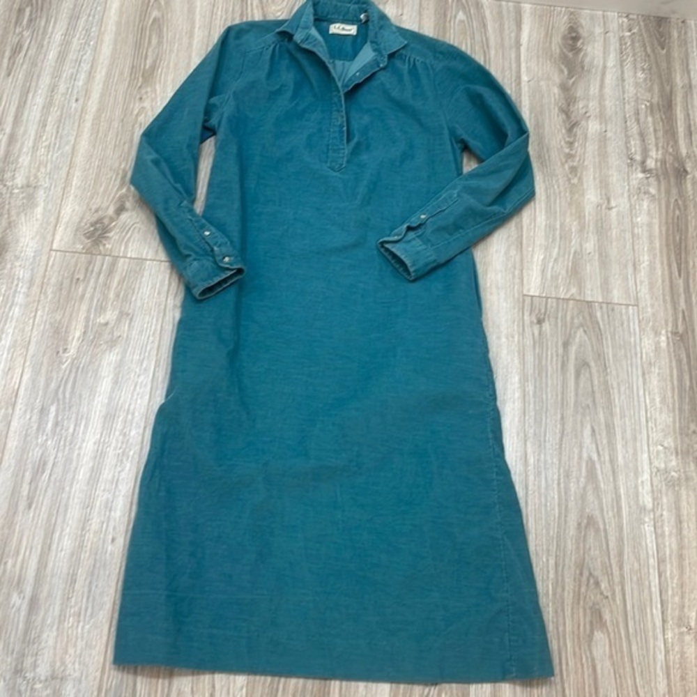 L.l Bean corduroy midi dress long sleeve size 10 blue green color